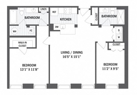 Floor plan for 2 beds, 2 baths, 974 sqft